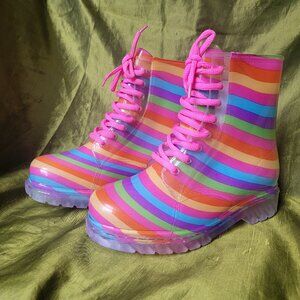 Pastel Rainbow Striped Rubber Combat Boots for Rain Girls Size 4
